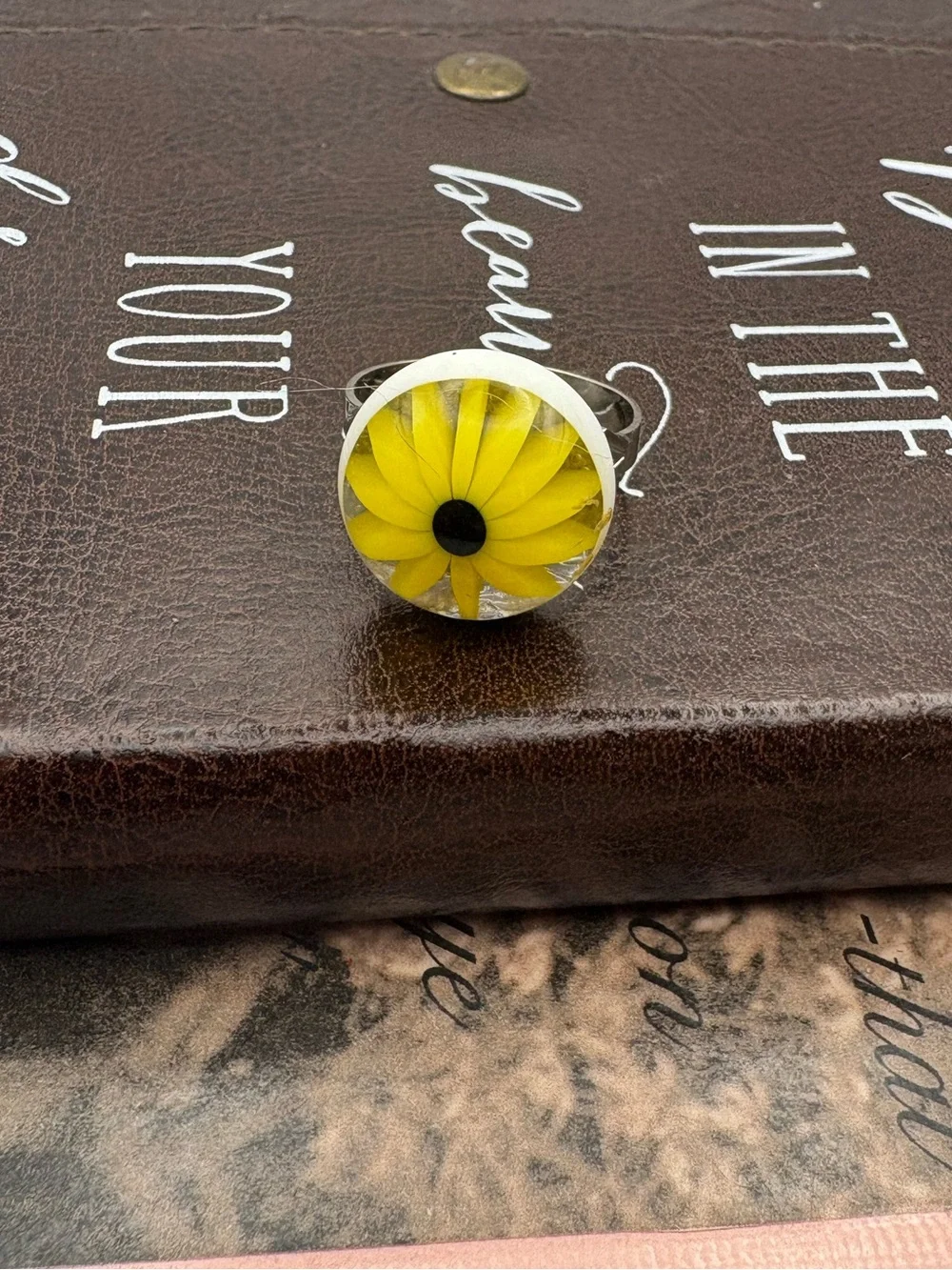 Vintage 60s 70s Yellow Flower Cabochon Upcycled Adjustable Ring